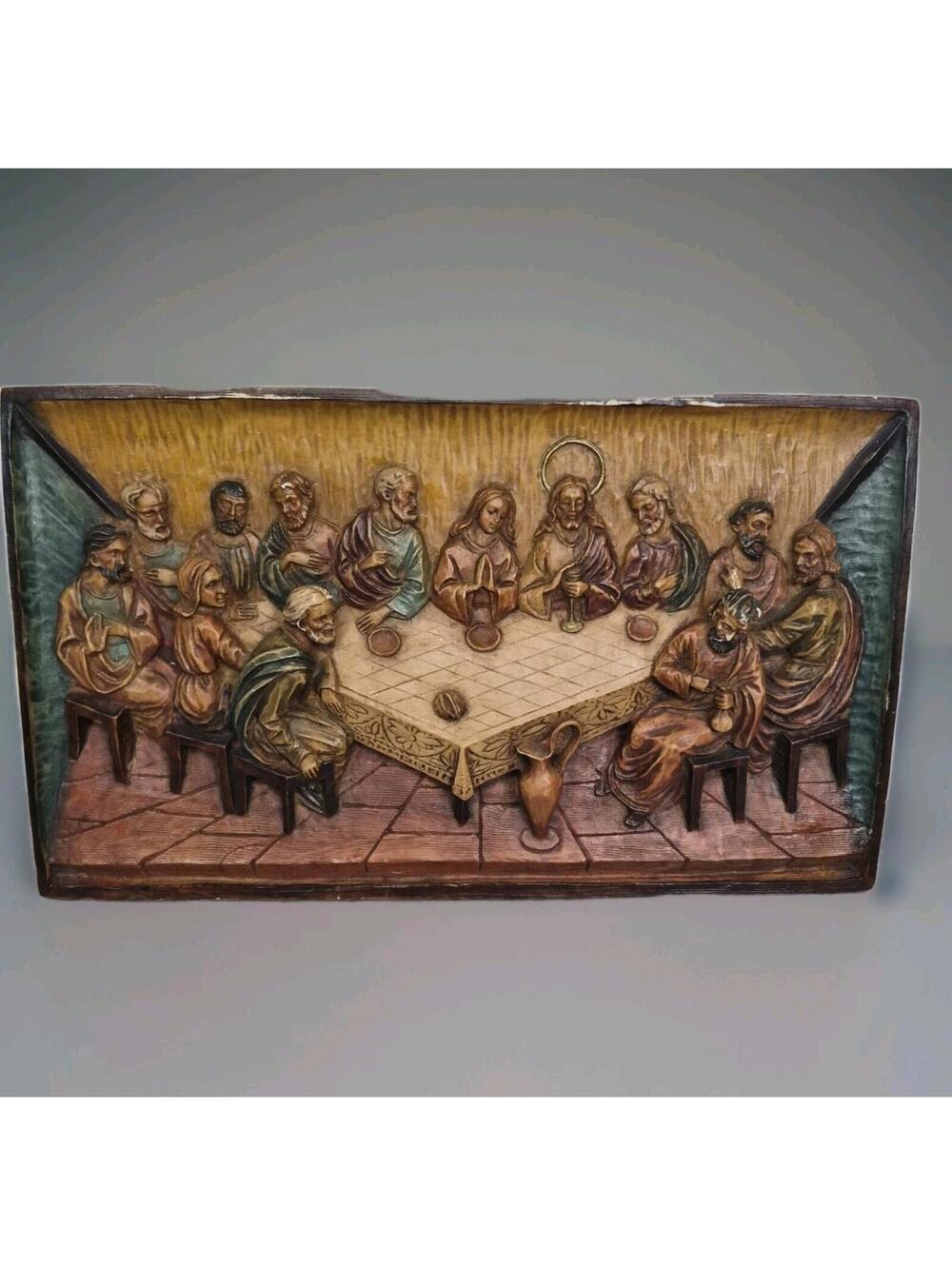 Vintage Last Supper Wall Plaque 3D Bas Relief 650 Italy Painted Plaster Resin
